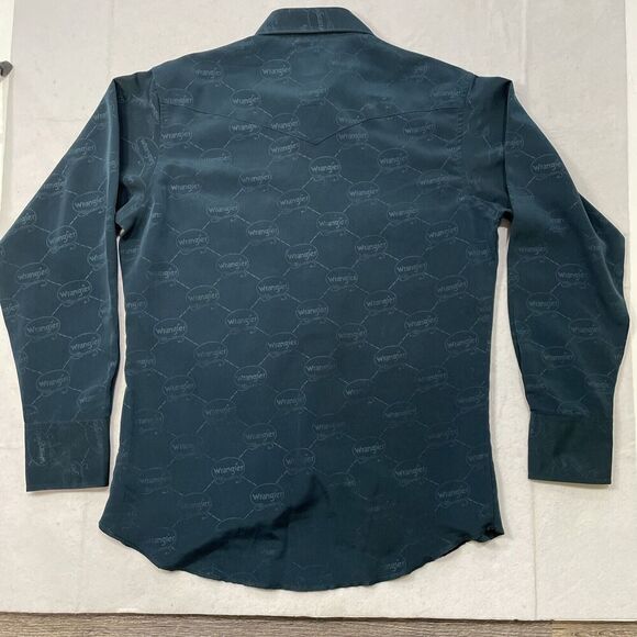 Vintage Wrangler Mens Medium Green Pearl Snap All Over SpellOut Western Shirt - Picture 6 of 6